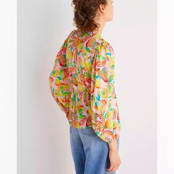 Anthropologie NWT Farm Rio Rainforest Tropical Fruits Wrap Blouse Size S. - Picture 3 of 14